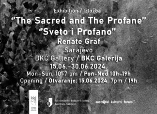 Foto-Ausstellung / Kulturforum Sarajewo Ankündigungsplakat mit weisser Schrift auf schwarzem Hintergrund.