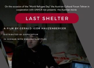 UNHCR Filmfestival zum Weltflüchtlingstag / Kulturforum Teheran Das Bild zeigt einen jungen Mann mit Migrationshintergrund auf dem Bett sitzend mit roter Decke und Laptop sowie Daten zur Filmveranstaltung