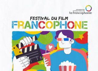 Festival des frankophonen Films in Tunis und Sousse / ÖB Tunis Das gezeichnete Bild zeigt eine bunte Figur, welche mit Popcorn und Saftbecher vor einer Regieklappe steht