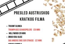 AT Kurzfilmschau im Donaupark Smederevo / Kulturforum Belgrad Das Bild zeigt ein Poster für die Ankündigung der Österreichischen Kurzfilmschau mit animierten Illustrationen – Frau mit Filmklappe neben Regiestuhl und Popcorn.