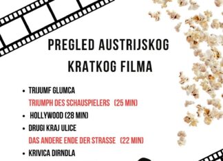 AT Kurzfilmschau im Donaupark Smederevo / Kulturforum Belgrad Das Bild zeigt ein Poster für die Ankündigung der Österreichischen Kurzfilmschau mit animierten Illustrationen – Frau mit Filmklappe neben Regiestuhl und Popcorn.