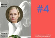 Sotelsek liest Bachmann / Österreichisches Kulturforum Berlin Das Bild ist eine Ankündigung für eine Veranstaltung. Es zeigt zwei Frauen, Barbara Sotelsek und Teodora Ivanova. Barbara Sotelsek ist oben im Bild mit einem Porträtfoto dargestellt, sie hat blonde Haare und schaut direkt in die Kamera. Teodora Ivanova ist unten im Bild mit einem Porträtfoto dargestellt, sie hat rote Haare und hält ein Cello. Der Hintergrund zeigt ein Schwarz-Weiß-Foto von Ingeborg Bachmann, die nach unten schaut. Rechts auf rotem Hintergrund steht in großer blauer Schrift die Zahl "#4". Darunter ist in kleiner weißer Schrift folgender Text zu lesen: "Lesungsreihe zur Ausstellung: Schreiben gegen den Krieg. Ingeborg Bachmann 1926-1973. 19. August 2024. Österreichische Botschaft 19:00 Uhr". Unten rechts ist das Logo des österreichischen Kulturforums Berlin zu sehen.