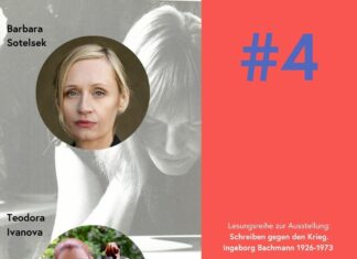 Sotelsek liest Bachmann / Österreichisches Kulturforum Berlin Das Bild ist eine Ankündigung für eine Veranstaltung. Es zeigt zwei Frauen, Barbara Sotelsek und Teodora Ivanova. Barbara Sotelsek ist oben im Bild mit einem Porträtfoto dargestellt, sie hat blonde Haare und schaut direkt in die Kamera. Teodora Ivanova ist unten im Bild mit einem Porträtfoto dargestellt, sie hat rote Haare und hält ein Cello. Der Hintergrund zeigt ein Schwarz-Weiß-Foto von Ingeborg Bachmann, die nach unten schaut. Rechts auf rotem Hintergrund steht in großer blauer Schrift die Zahl "#4". Darunter ist in kleiner weißer Schrift folgender Text zu lesen: "Lesungsreihe zur Ausstellung: Schreiben gegen den Krieg. Ingeborg Bachmann 1926-1973. 19. August 2024. Österreichische Botschaft 19:00 Uhr". Unten rechts ist das Logo des österreichischen Kulturforums Berlin zu sehen.