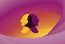 Orgelrezital: Klaus Sonnleitner / Kulturforum Brüssel Das Bild zeigt das Anton-Bruckner-Logo, das aus zwei sich überlappenden Seitenprofilen von Anton Bruckner besteht, von denen eines nach links und das andere nach rechts schaut. Das Seitenprofil auf der linken Seite ist gelb, das auf der rechten Seite violett, dieselben Farben, die auch auf dem Hintergrund in Form eines ovalen Wirbels zu sehen sind