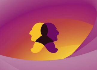 Orgelrezital: Klaus Sonnleitner / Kulturforum Brüssel Das Bild zeigt das Anton-Bruckner-Logo, das aus zwei sich überlappenden Seitenprofilen von Anton Bruckner besteht, von denen eines nach links und das andere nach rechts schaut. Das Seitenprofil auf der linken Seite ist gelb, das auf der rechten Seite violett, dieselben Farben, die auch auf dem Hintergrund in Form eines ovalen Wirbels zu sehen sind