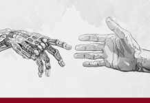 Mensch und Maschine: Ethische Fragen der KI-Zukunft / Online Talk / Kulturforum Kairo Das Bild zeigt den Veranstaltungsflyer mit einem Foto von einer menschlichen Hand und einer Roboterhand, die sich aufeinander zubewegen