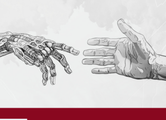 Mensch und Maschine: Ethische Fragen der KI-Zukunft / Online Talk / Kulturforum Kairo Das Bild zeigt den Veranstaltungsflyer mit einem Foto von einer menschlichen Hand und einer Roboterhand, die sich aufeinander zubewegen