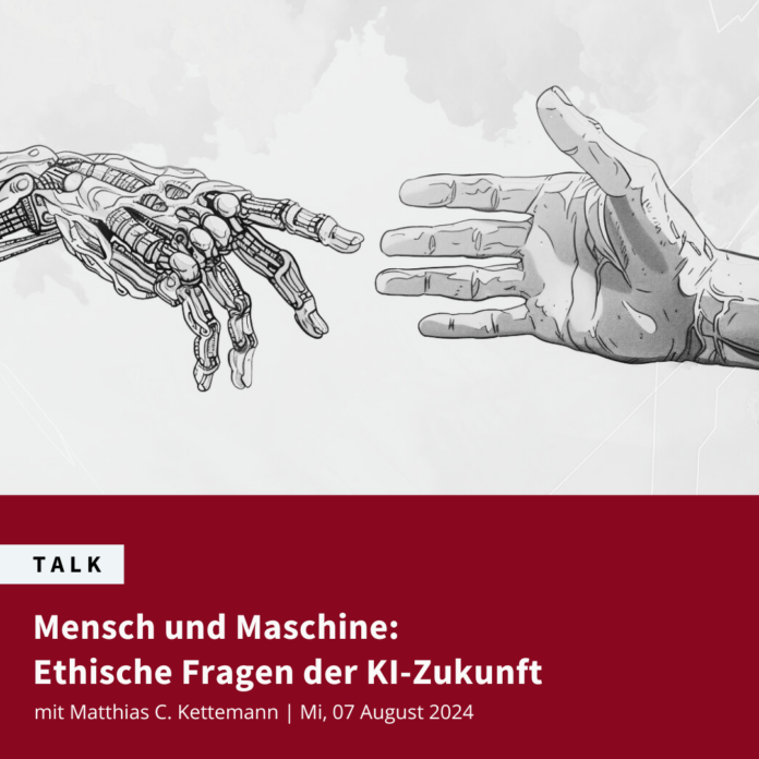 Das Bild zeigt den Veranstaltungsflyer mit einem Foto von einer menschlichen Hand und einer Roboterhand, die sich aufeinander zubewegen