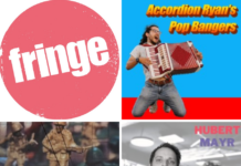 Austria goes Edinburgh Fringe! / Kulturforum London Das Bild zeigt vier Fotos: Links oben das rosa Edinburgh Fringe Logo. Rechts daneben das Pressebild von Accordion Ryan, der sitzend sein Akkordeon spielt. Links unten ist Jelena Bašic in ihrer Rolle zu sehen. Rechts unten sieht man Hubert Mayr neben Arnold Schwarzenegger, mit dem Titel der Show im Vordergrund.