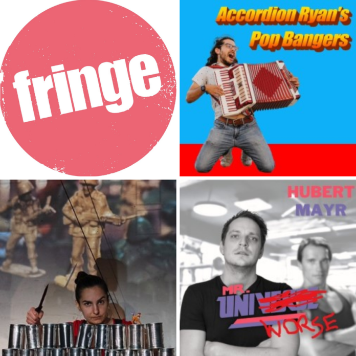 Das Bild zeigt vier Fotos: Links oben das rosa Edinburgh Fringe Logo. Rechts daneben das Pressebild von Accordion Ryan, der sitzend sein Akkordeon spielt. Links unten ist Jelena Bašic in ihrer Rolle zu sehen. Rechts unten sieht man Hubert Mayr neben Arnold Schwarzenegger, mit dem Titel der Show im Vordergrund.