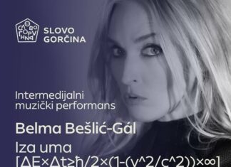 ΔE ××Δt ħ 2 × (1 –(v^2/c^ ×∞ (Der Buchstabe/Das Wort zur Hoffnung) / Kulturforum Sarajewo Das Bild zeigt auf blauen Hintergrund rechts ein Foto der Künstlerin mit blonden langen Haaren und einem erstaunten Blick. Links steht die Ankündigung des Festivals und des Konzerts.