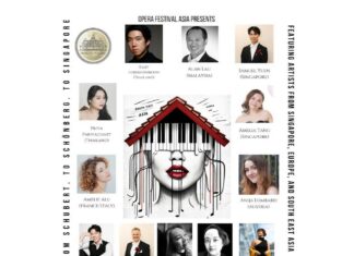Ausbruch / Opera Festival Asia / Botschaft Singapur Das Bild zeigt das Poster des Konzerts „Ausbruch“ am 1. August in Singapur mit Bldern der Künstlerinnen und Künstler rund um ein zentriertes Bild eines halben Frauenkopfes mit einem Überdachten Piano als Stirn aus dem Noten herausfließen