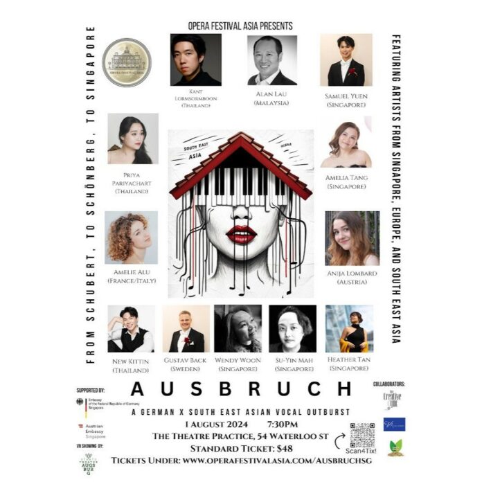 Das Bild zeigt das Poster des Konzerts „Ausbruch“ am 1. August in Singapur mit Bldern der Künstlerinnen und Künstler rund um ein zentriertes Bild eines halben Frauenkopfes mit einem Überdachten Piano als Stirn aus dem Noten herausfließen