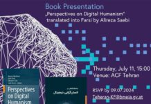 Perspectives on Digital Humanism / Kulturforum Teheran Das Bild zeigt die Originalausgabe „Perspectives on Digital Humanism“ sowie die Farsi Übersetzung mit Hannes Werthner und den Übersetzer Alireza Saebi sowie die Veranstaltungsdaten