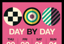 Meakusma Festival/ Kulturforum Brüssel Das Bild zeigt ein rosafarbenes Plakat mit einem schwarzen Rand. Oben auf dem Bild sind drei Kreise zu sehen - von links nach rechts - ein Kreis mit schwarzen und weißen Quadraten, ein Kreis, der wie eine Schießscheibe aussieht, und ein dritter, der in eine weiße und eine schwarze Hälfte geteilt ist und von beigen und grünen Streifen diagonal durchzogen wird. Unter den Kreisen stehen die Worte "DAY BY DAY" in Schwarz und Weiß ("day" ist weiß und "by" schwarz). Darunter steht in kleinerer Schrift in Schwarz "Thu Fri Sat Sun". Darunter stehen in weißer Schrift die Tage des Ereignisses "29 30 31 01" und darunter in gelber und schwarzer Schrift die Monate, in denen es stattfindet (August und September oder 08 und 09). Am unteren Rand befinden sich vier weitere Kreise. Von links nach rechts: ein gelber Kreis mit drei kleineren schwarzen Kreisen darin, ein weiterer Kreis, der wie eine Schießscheibe aussieht, ein Kreis mit der Aufschrift 2024 darin und ein vierter Kreis mit zwei weißen und zwei schwarzen Ecken, die sich in der Mitte treffen.