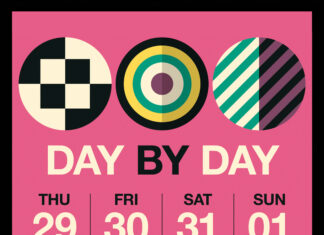 Meakusma Festival/ Kulturforum Brüssel Das Bild zeigt ein rosafarbenes Plakat mit einem schwarzen Rand. Oben auf dem Bild sind drei Kreise zu sehen - von links nach rechts - ein Kreis mit schwarzen und weißen Quadraten, ein Kreis, der wie eine Schießscheibe aussieht, und ein dritter, der in eine weiße und eine schwarze Hälfte geteilt ist und von beigen und grünen Streifen diagonal durchzogen wird. Unter den Kreisen stehen die Worte "DAY BY DAY" in Schwarz und Weiß ("day" ist weiß und "by" schwarz). Darunter steht in kleinerer Schrift in Schwarz "Thu Fri Sat Sun". Darunter stehen in weißer Schrift die Tage des Ereignisses "29 30 31 01" und darunter in gelber und schwarzer Schrift die Monate, in denen es stattfindet (August und September oder 08 und 09). Am unteren Rand befinden sich vier weitere Kreise. Von links nach rechts: ein gelber Kreis mit drei kleineren schwarzen Kreisen darin, ein weiterer Kreis, der wie eine Schießscheibe aussieht, ein Kreis mit der Aufschrift 2024 darin und ein vierter Kreis mit zwei weißen und zwei schwarzen Ecken, die sich in der Mitte treffen.