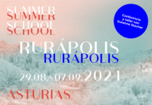 Rurapolis Summerschool in Asturien mit Susanne Stacher / Kulturforum Madrid Das Bild zeigt eine Werbegrafik für die Rurapolis Summerschool in Asturien bestehend aus Titel, Datum und Ort sowie in spanisch Una immersión territorial y constructiva para reencantar el futuro frente a la despoblación rural.