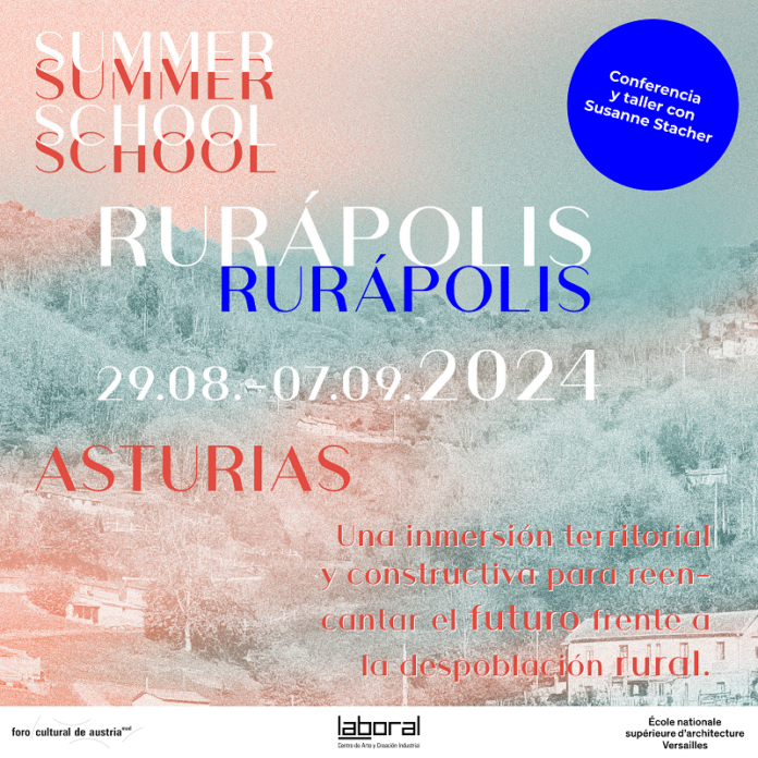 Das Bild zeigt eine Werbegrafik für die Rurapolis Summerschool in Asturien bestehend aus Titel, Datum und Ort sowie in spanisch Una immersión territorial y constructiva para reencantar el futuro frente a la despoblación rural.