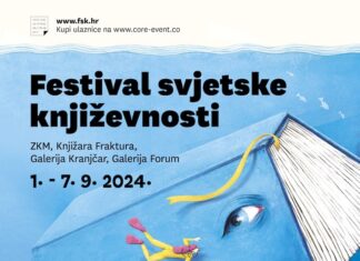 Festival der Weltliteratur / Kulturforum Zagreb Das Bild zeigt ein blaues Plakat des Festivals, worauf ein schwimmendes Buch unter Wasser in Form eines Wales mit menschlichem Auge, sowie ein gelber Taucher und einige Fische zu sehen sind.