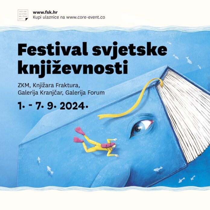 Das Bild zeigt ein blaues Plakat des Festivals, worauf ein schwimmendes Buch unter Wasser in Form eines Wales mit menschlichem Auge, sowie ein gelber Taucher und einige Fische zu sehen sind.