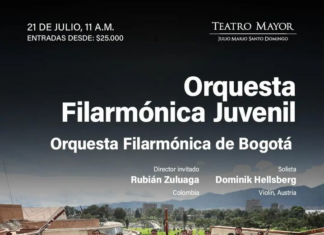 Solist Dominik Hellsberg in Bogotá / Botschaft Bogotá Das Bild zeigt das Werbematerial für den Konzertauftritt von Dominik Hellsberg im Teatro Mayor Julio Mario Santo Domingo mit dem Instrumente haltenden Orquesta Filarmónica Juvenil von Bogotá.