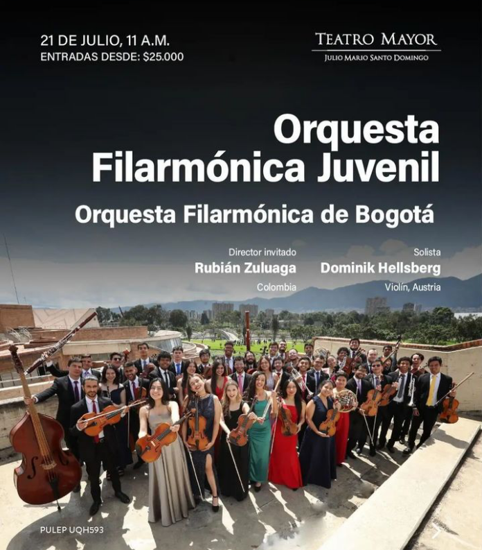 Das Bild zeigt das Werbematerial für den Konzertauftritt von Dominik Hellsberg im Teatro Mayor Julio Mario Santo Domingo mit dem Instrumente haltenden Orquesta Filarmónica Juvenil von Bogotá.