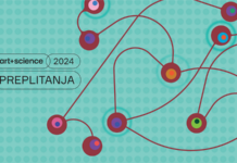 Art + Science Festival Belgrad / Kulturforum Belgrad Das Bild zeigt das Logo des Festivals: Den Schriftzug art+science 2024 sowie darunter PREPLITANJA im linken Teil des Bildes sowie rechts gehalten miteinander verbundene weinrote Punkte, die wiederum andersfarbige Punkte in sich haben. Das Ganze ist auf einem türkis-in-türkis symmetrisch gepunkteten Hintergrund abgebildet.