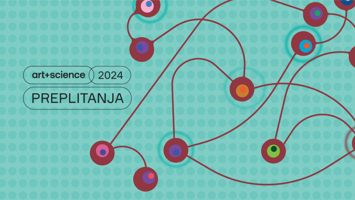 Das Bild zeigt das Logo des Festivals: Den Schriftzug art+science 2024 sowie darunter PREPLITANJA im linken Teil des Bildes sowie rechts gehalten miteinander verbundene weinrote Punkte, die wiederum andersfarbige Punkte in sich haben. Das Ganze ist auf einem türkis-in-türkis symmetrisch gepunkteten Hintergrund abgebildet.