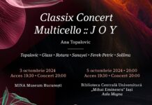 Multicello :: J O Y / Kulturforum Bukarest Das Bild zeigt das Plakat von Ana Topalovics Tournee in Bukarest und Iasi mit den Daten und Veranstaltungsorten.