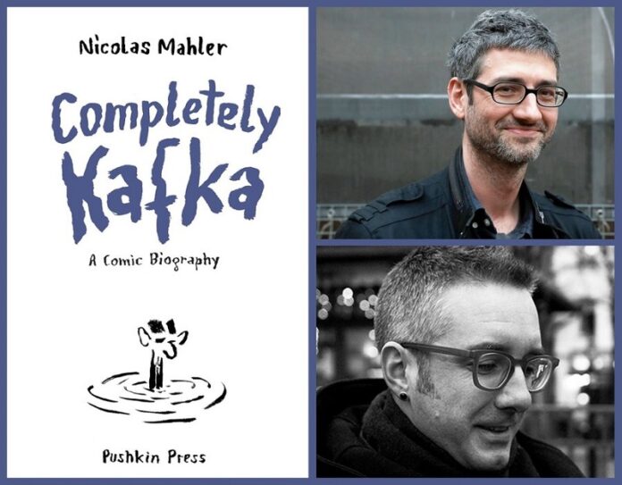 Das Bild zeigt links das Buchcover von „Completely Kafka“. Der Titel ist in violetter Schrift zu sehen, darunter eine Illustration. Rechts befinden sich zwei Porträts: oben Nicolas Mahler, ein Mann mit kurzem Haar und Brille; unten Alexander Booth, der Übersetzer, ebenfalls mit Brille und kurzen Haaren.