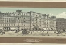 The Arc of History Lecture Series / Kulturforum London Palais Ephrussi am Franzensring, abgebildet gem. Zeichnung von Ladislaus Eugen Petrovits. Der Farbenholzschnitt zeigt einen Teil der Ringstraße um 1900 mit dem Palais Ephrussi im Vordergrund. Es herrscht ein reger Pferdewagenverkehr; einer trägt die Aufschrift „Möbeltransport“. Es flanieren die Bürger und Bürgerinnen Wiens und gehen ihren Geschäften nach.