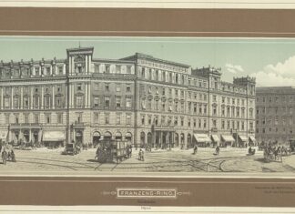 The Arc of History Lecture Series / Kulturforum London Palais Ephrussi am Franzensring, abgebildet gem. Zeichnung von Ladislaus Eugen Petrovits. Der Farbenholzschnitt zeigt einen Teil der Ringstraße um 1900 mit dem Palais Ephrussi im Vordergrund. Es herrscht ein reger Pferdewagenverkehr; einer trägt die Aufschrift „Möbeltransport“. Es flanieren die Bürger und Bürgerinnen Wiens und gehen ihren Geschäften nach.