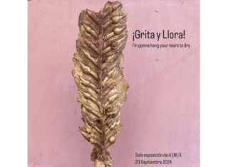 I’m gonna hang your tears to dry – ¡Grita y Lora! / Kulturforum Mexiko Der Flyer zeigt die Bronzeskulptur eines Blattes auf einem grünen Boden vor einer pinken Wand und Datum (20. September) Ort (Guanajuato 27B, Roma Norte, CDMX) und Uhrzeit (18:00) der Ausstellung.
