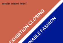 Exhibition Closing: Sustainable Fashion / Kulturforum New York Es handelt sich um ein abstraktes Bild, welches diagonal in zwei Teile geteilt ist. Einen orangen und einen blauen Teil. Die beiden Seiten sind in der Mitte durch einen weißen Balken getrennt.