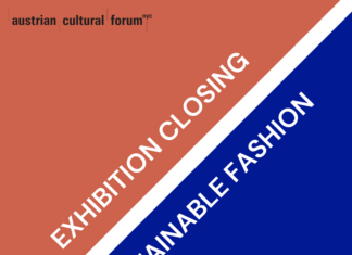 Exhibition Closing: Sustainable Fashion / Kulturforum New York Es handelt sich um ein abstraktes Bild, welches diagonal in zwei Teile geteilt ist. Einen orangen und einen blauen Teil. Die beiden Seiten sind in der Mitte durch einen weißen Balken getrennt.