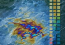 Ausstellung: Go to the source! / Kulturforum Prag Das Bild zeigt eine reflektierende Wasseroberfläche voller kleiner Wellen. Auf dem rechten Rand des Bildes sind in drei vertikalen Reihen kleine einfarbige Quadrate zu sehen Die Farben der Quadrate ändern sich in einem sanften Farbverlauf von oben nach unten – erst von einem gelblichen Ton bis hin zu einem blauen, der den des Wassers im Hintergrund widerspiegelt.