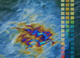 Ausstellung: Go to the source! / Kulturforum Prag Das Bild zeigt eine reflektierende Wasseroberfläche voller kleiner Wellen. Auf dem rechten Rand des Bildes sind in drei vertikalen Reihen kleine einfarbige Quadrate zu sehen Die Farben der Quadrate ändern sich in einem sanften Farbverlauf von oben nach unten – erst von einem gelblichen Ton bis hin zu einem blauen, der den des Wassers im Hintergrund widerspiegelt.
