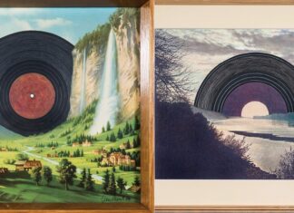 Save the Vinyl. Uwe Bressnik / Kulturforum Warschau Das Bild zeigt: zwei Collagen von Uwe Bressnik, die LP-Vinyl-Schallplatten in der Landschaft darstellend zeigt...