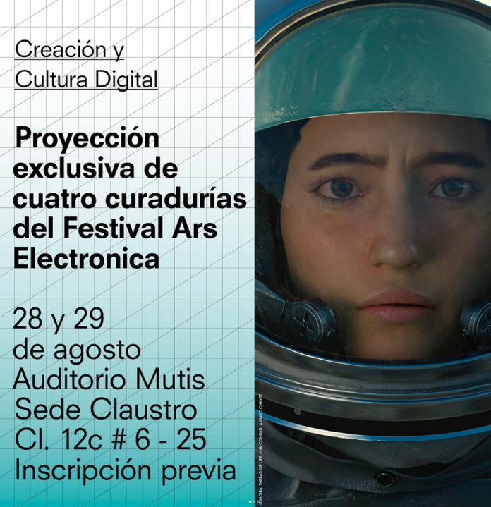Bild: Universidad del Rosario Das Bild zeigt eine Szene aus dem Kurzfilm MOIRAI THREAD OF LIFE von Ina Conradi und Marc Chavez, begleitet vom Text „Schöpfung und Digitale Kultur“, Exklusive Vorführung von vier Programmen des Ars Electronica-Festivals, 28. und 29. August, Auditorio Mutis, Sede Claustro, Calle 12c #6-25.