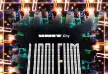 Animations- und Medienkunstfestival/ Ukraine Office Austria / OeAD-Kooperationsbüro Lemberg Das Bild zeigt das Veranstaltungsposter auf welchem in metallischem Schriftzug mittig Linoleum sowie die Eckdaten des Festivals vermerkt sind. Am unteren Ende des Posters sind die Sponsoren und beteiligten Vermerkt. Stilistisch wird das Bild von Hochhäusern umrandet die jeweils vom Rand in die Mitte des Posters hin zum Schriftzug orientiert sind.