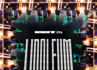 Animations- und Medienkunstfestival/ Ukraine Office Austria / OeAD-Kooperationsbüro Lemberg Das Bild zeigt das Veranstaltungsposter auf welchem in metallischem Schriftzug mittig Linoleum sowie die Eckdaten des Festivals vermerkt sind. Am unteren Ende des Posters sind die Sponsoren und beteiligten Vermerkt. Stilistisch wird das Bild von Hochhäusern umrandet die jeweils vom Rand in die Mitte des Posters hin zum Schriftzug orientiert sind.