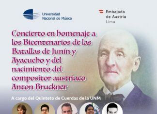 Konzert: 200 Jahre Bruckner / Botschaft Lima Flyer des Konzerts mit einem Bruckner-Porträt im Hintergrund und kreisförmigen Fotoporträts der Künstlerinnen und Künstler im Vordergrund