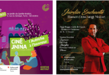 Freiluftkino und –Konzert / Botschaft Tunis Das Bild zeigt links pinkes Plakat mit dem Titel Cine Jnina – Kino im Garten- Österreich im Mittelpunkt. Das Bild rechts zeigt ein schwarzes Plakat mit dem tunesischen Sänger Hassen Doss- Jardin Enchanté - Verzauberter Garten.