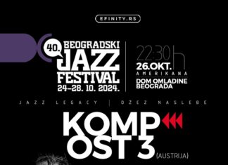 Konzert KOMPOST 3 / Kulturforum Belgrad Das Bild zeigt die Bandmitglieder (Martin Eberle, Benny Omerzell, Manu Mayr und Lukas König) in schwarz-weiß mit einem dunklen Hintergrund.