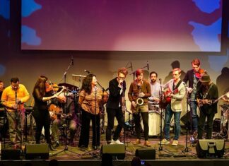 The Music Distillery Brussels / Kulturforum Brüssel Das Bild zeigt den Künstler Dominik Nostitz, sowie eine Reihe weitere Künstlerinnen und Künstler auf der Bühne während eines Auftritts der Music Distillery.