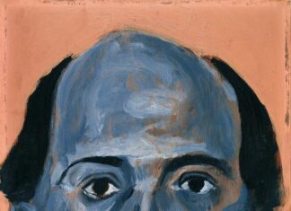 Aimez-vous Schönberg? / Kulturforum Brüssel Das Bild zeigt das Porträt Arnold Schönbergs im expressionistischen Stil. Der Hintergrund ist einfärbig in pfirsichfarbenem Rosa gehalten. Das Gesicht des Mannes wurde in Blautönen gemalt, mit einigen rosa Akzenten, die der Farbe des Hintergrundes entsprechen. Der Mann mittleren Alters schaut mit dunklen Augen und entspanntem Blick direkt auf den Betrachter des Bildes. Er hat eine Halbglatze, die dunklen Haare wachsen nur noch auf den Seiten seines Kopfes. Sein linkes Ohr ist sehr gut zu sehen, während sein rechtes nicht sichtbar ist. Schönberg trägt in diesem Porträt ein weißes Hemd und ein blaues Oberteil darüber, wovon man nur den Kragen sehen kann.