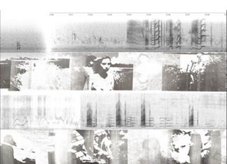 Steppe synanthropies: extant across continents / Kulturforum London Das Bild zeigt eine abstrakte Collage, bestehend aus verschwommenen Schwarz-Weiß-Bildern und wellenartigen Linien. Im oberen und mittleren Bereich des Bildes sind schemenhafte menschliche Figuren zu erkennen, darunter eine Frau, die frontal zur Kamera blickt, sowie weitere fragmentierte Szenen. Die gesamte Komposition wirkt verfremdet, als ob die Bilder überlagert oder durch digitale Störungen verzerrt sind.