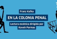 „In der Strafkolonie“ von Franz Kafka / Kulturforum Mexiko Blauer Hintergrund mit Abbildung von zwei schwarzen Figuren im Vordergrund mit Datum, Titel der Veranstaltung und Logos der Veranstalter.