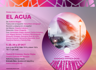 Österreich in der Theaterwelt / Kulturforum Mexiko Graphische Darstellung eines Wassertropfens in verschiedenen rosa Tönen inklusive Datums der Veranstaltung und Logos der Veranstalter