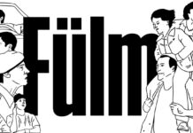 DAS FILMFEST 2024 / Kulturforum Prag Das Bild zeigt die Anschrift Fülm in der Mitte, an beiden Seiten sind schwarze Illustrationen der Filmcharakter auf weißem Hintergrund